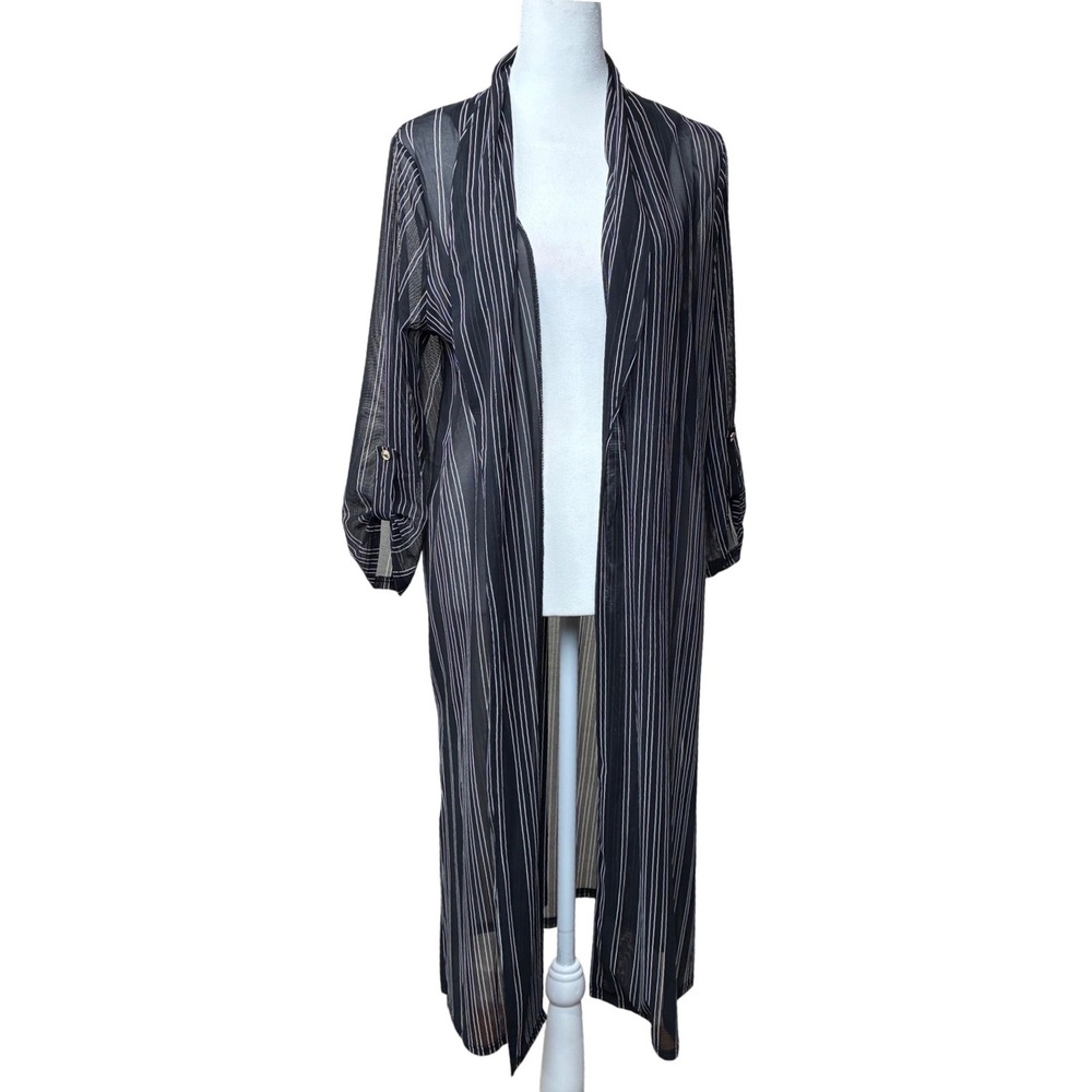 Ember Womens Sheer Mesh Pinstripe Duster Cardigan Black White Roll Tab‎ Sleeve L